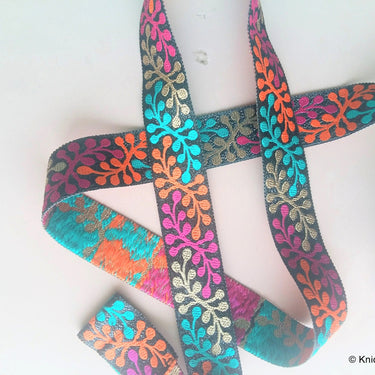 Shimmer Black Fabric Trim With Orange, Gold, Green And Fuchsia Thread Embroidery - 200317L278